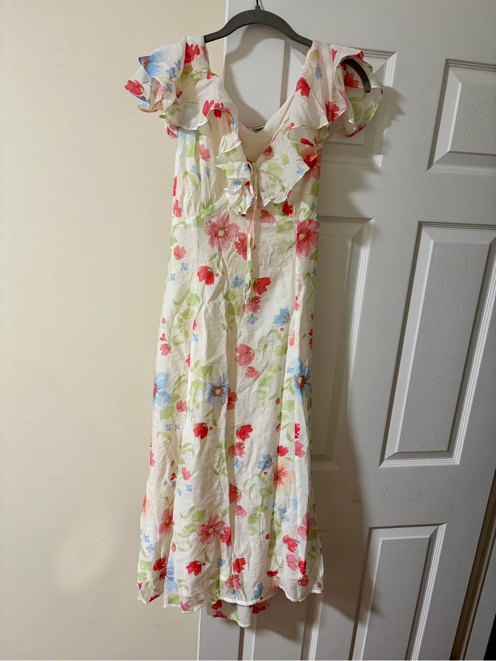 Old Navy White Midi Dress with Pink, Blue & Green Floral Print